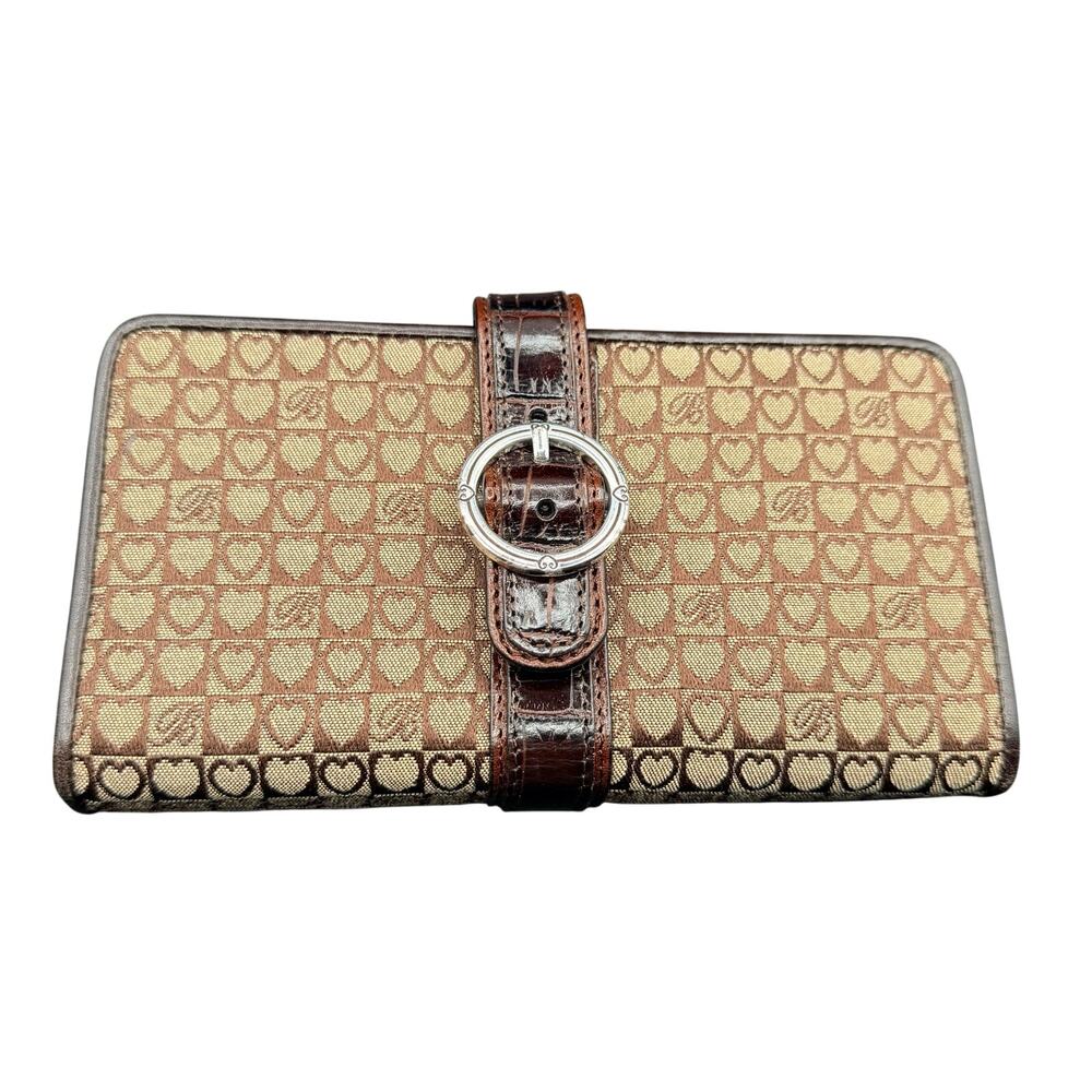 Brighton Heart Print Checkbook Wallet Brown Leather Organizer Kiss Lock Clutch